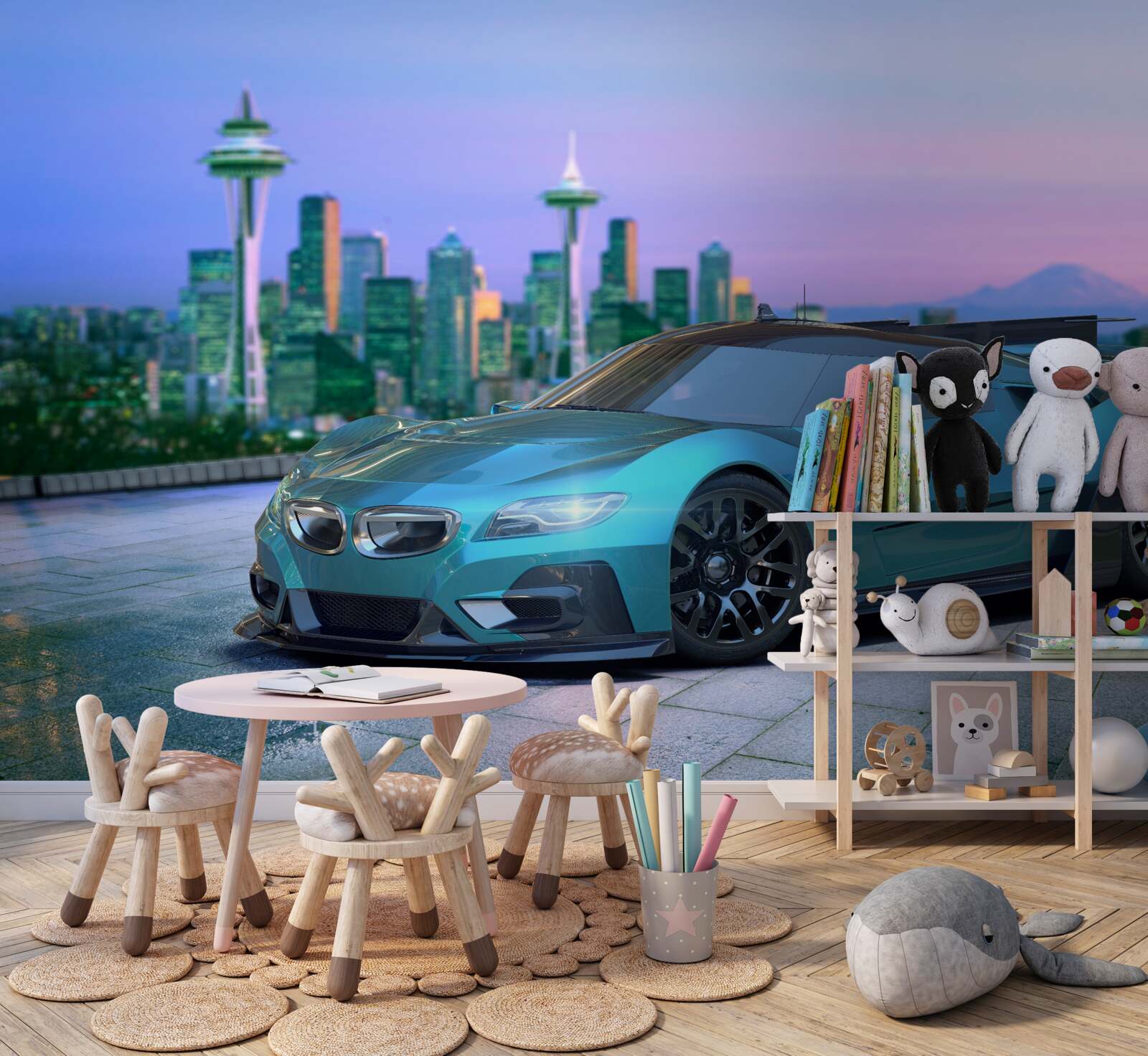 Fotobehang blauwe sportwagen tegen de skyline van de stad