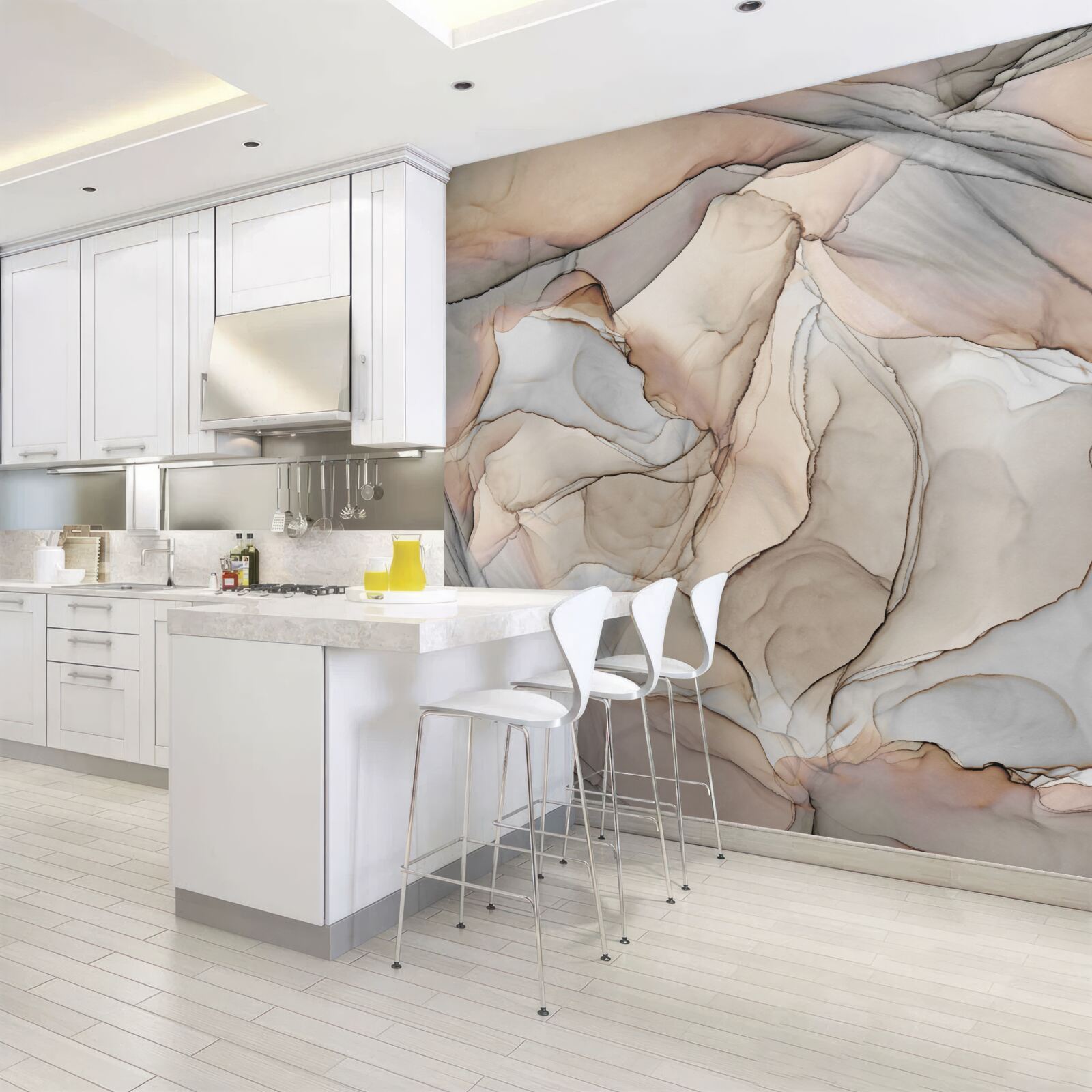 Fotobehang roze en blauwe patronen op crèmekleurig marmer