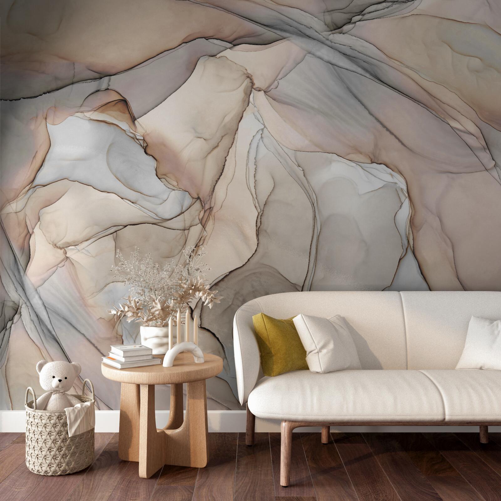 Fotobehang roze en blauwe patronen op crèmekleurig marmer