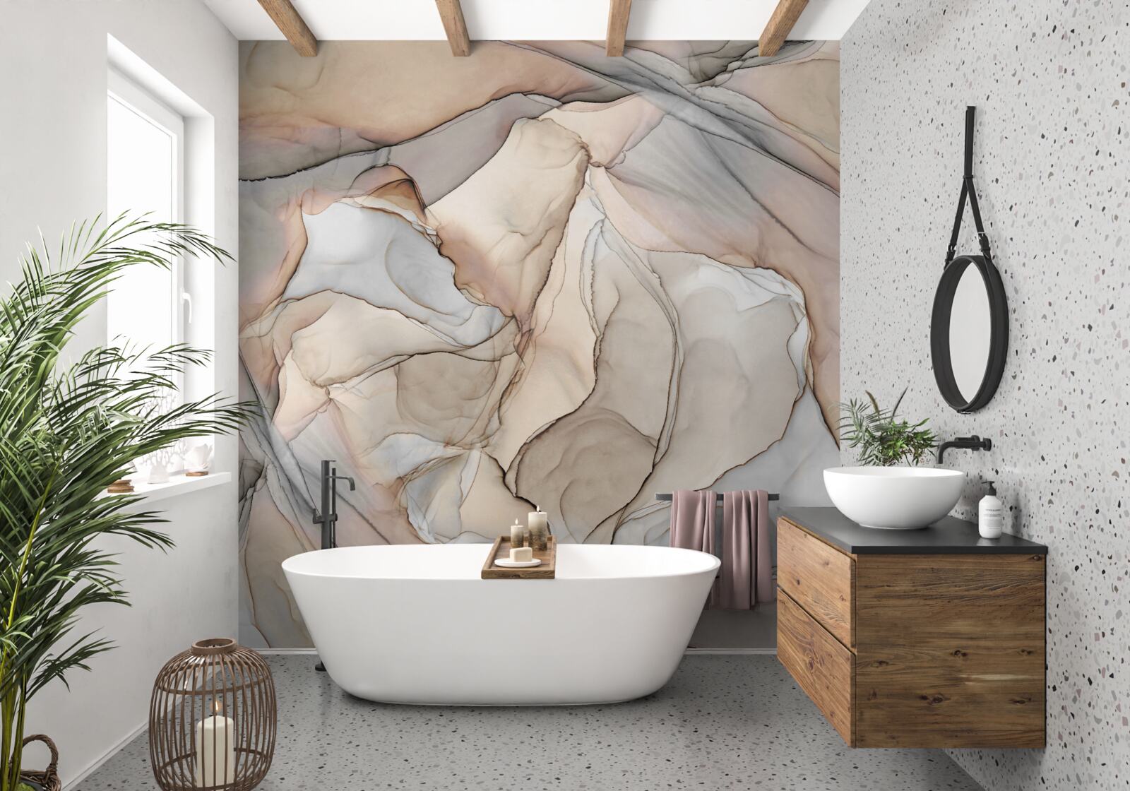 Fotobehang roze en blauwe patronen op crèmekleurig marmer