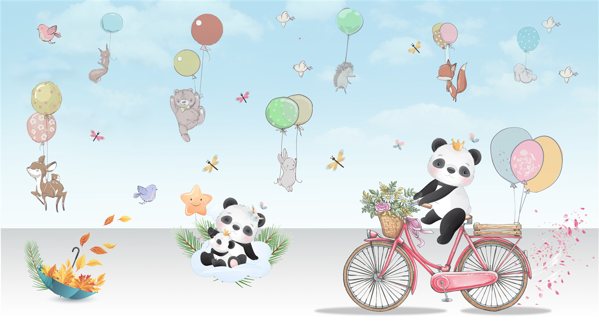 Fotobehang ballonnen met panda's en andere dieren