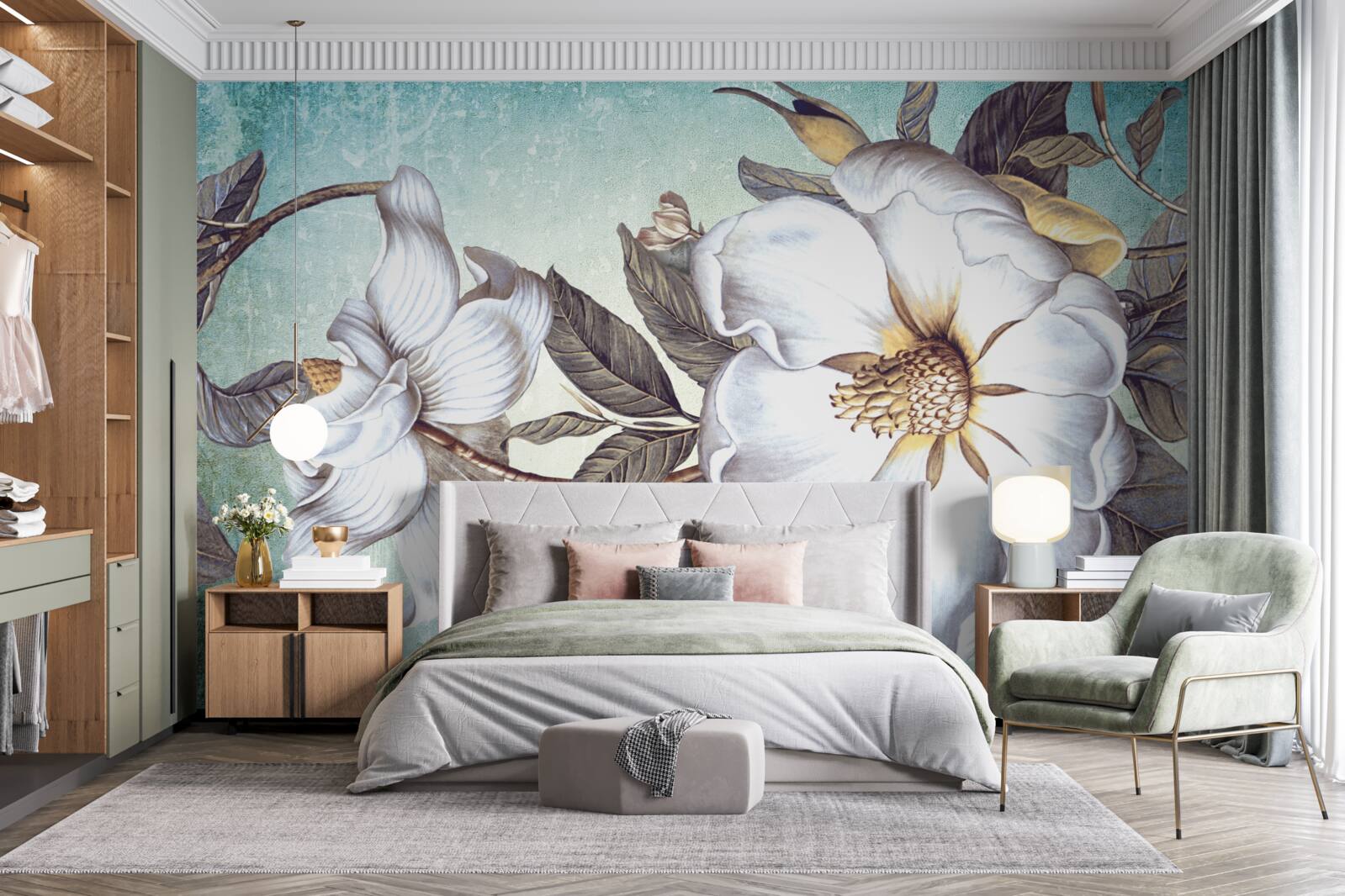Fotobehang sneeuwwitte bloemen bloeien