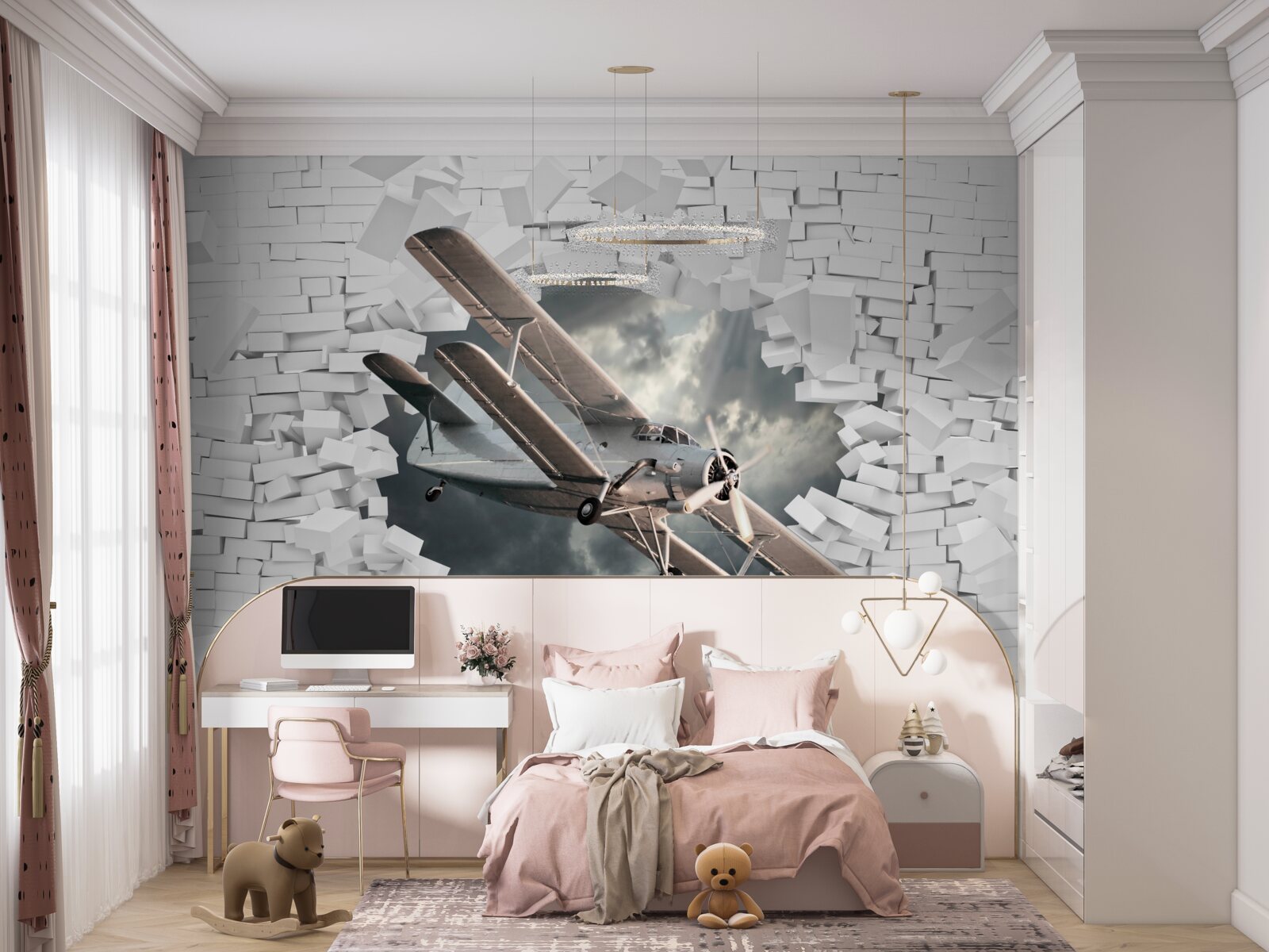 Fotobehang vliegtuig doorboort muur