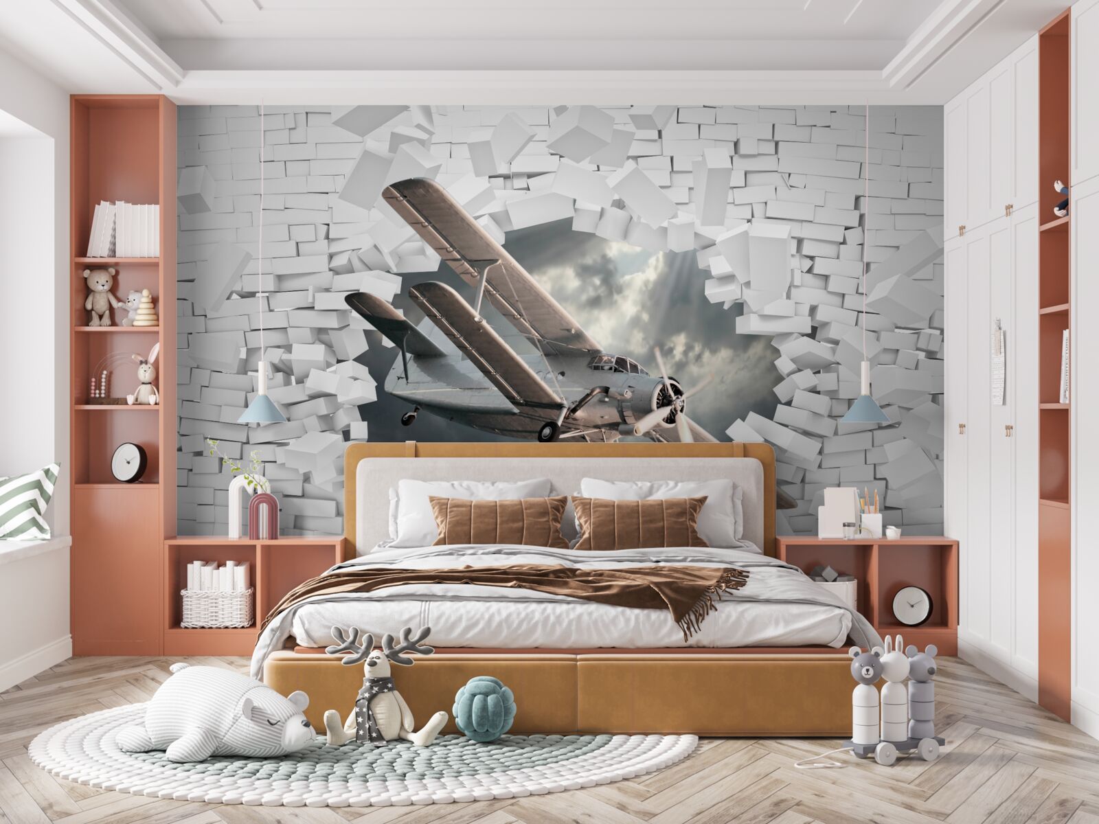 Fotobehang vliegtuig doorboort muur