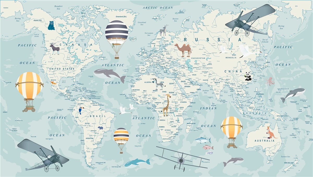 Fotobehang wereldkaart met transport en dieren