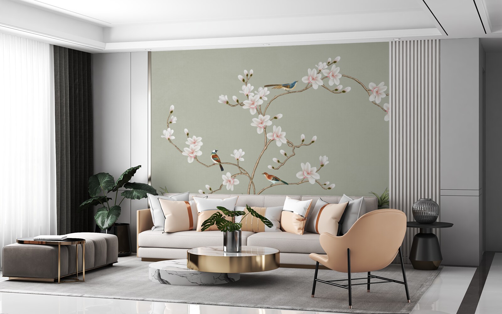 Fotobehang elegante boom versierd met bloemen en omringd door vogels
