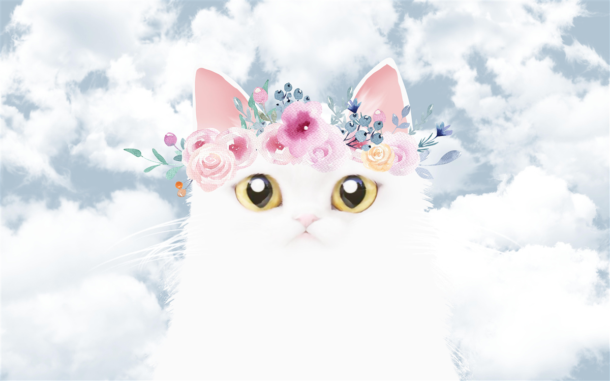 Fotobehang kat tussen bloemen tegen een lucht met wolken