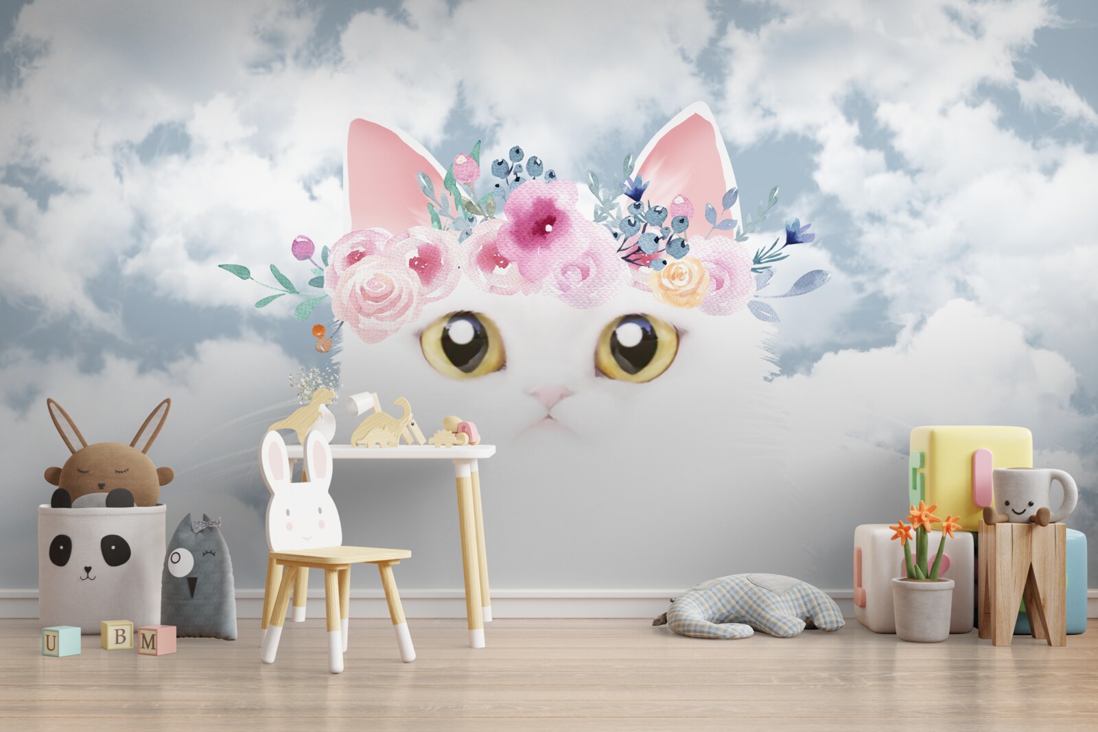 Fotobehang kat tussen bloemen tegen een lucht met wolken