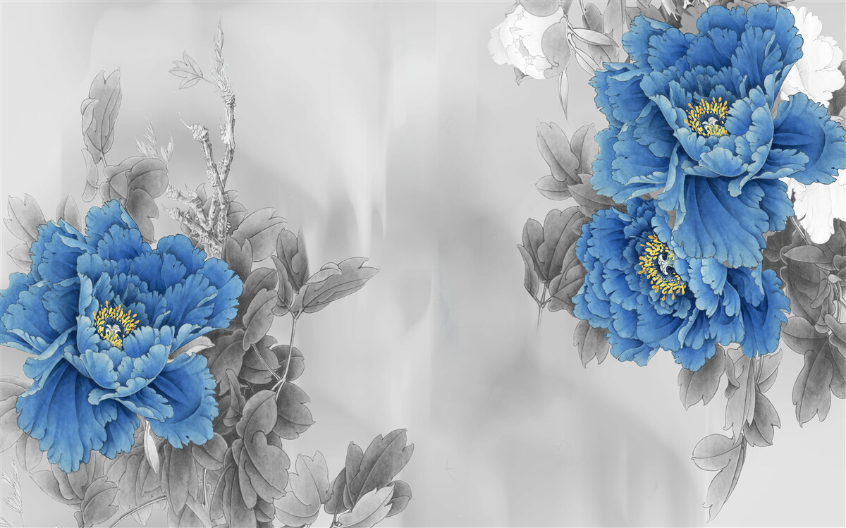 Fotobehang blauwe bloemen op grijze achtergrond