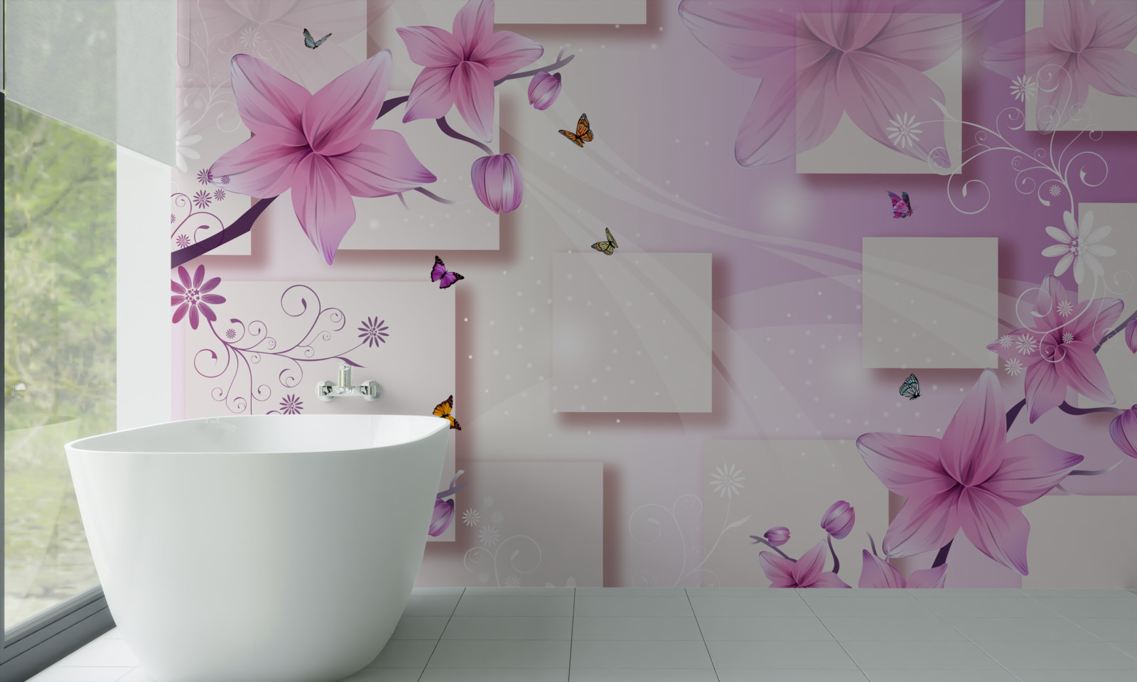 Fotobehang geometrische vormen versierd met donkerpaarse bloemen