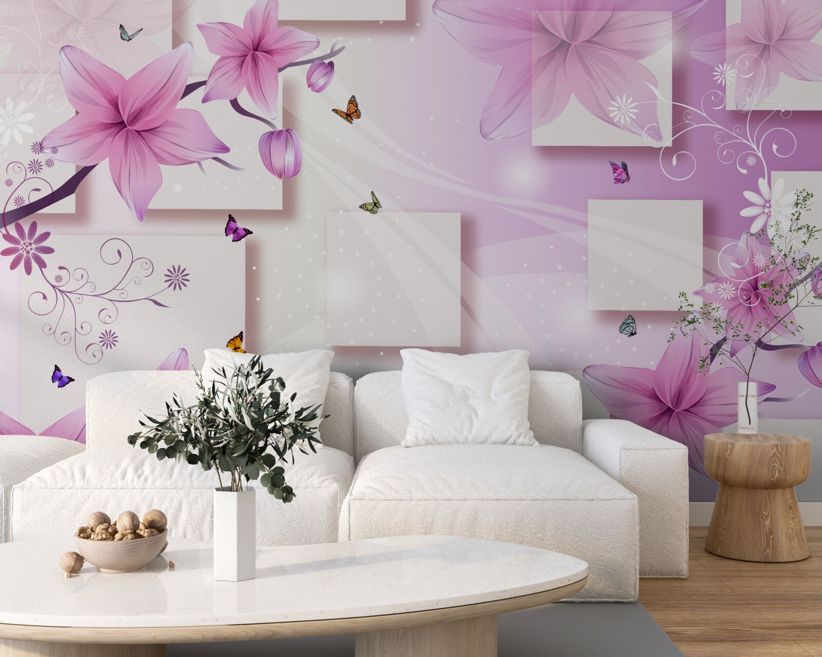 Fotobehang geometrische vormen versierd met donkerpaarse bloemen