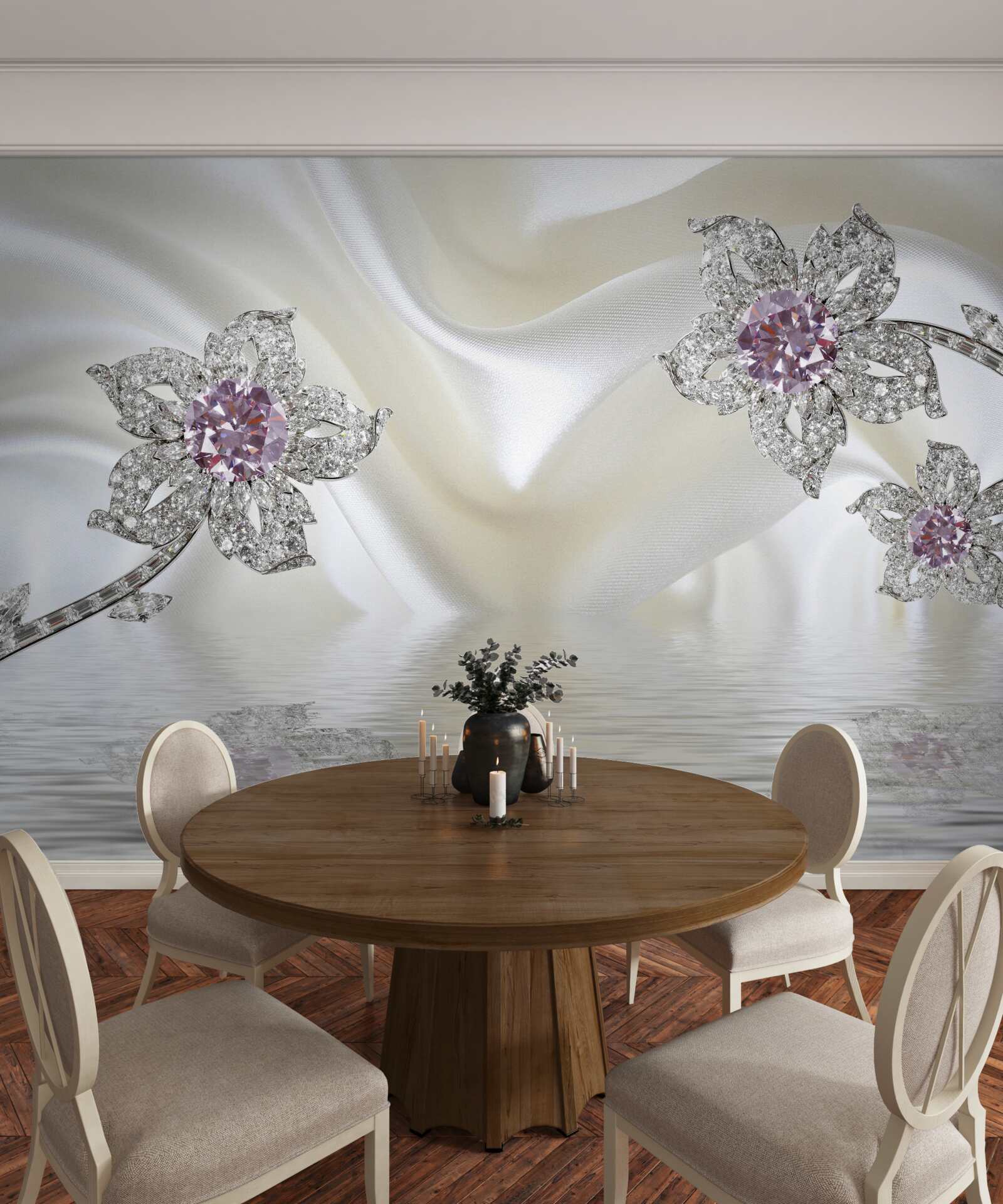 Fotobehang zilveren sieraden in de vorm van bloemen