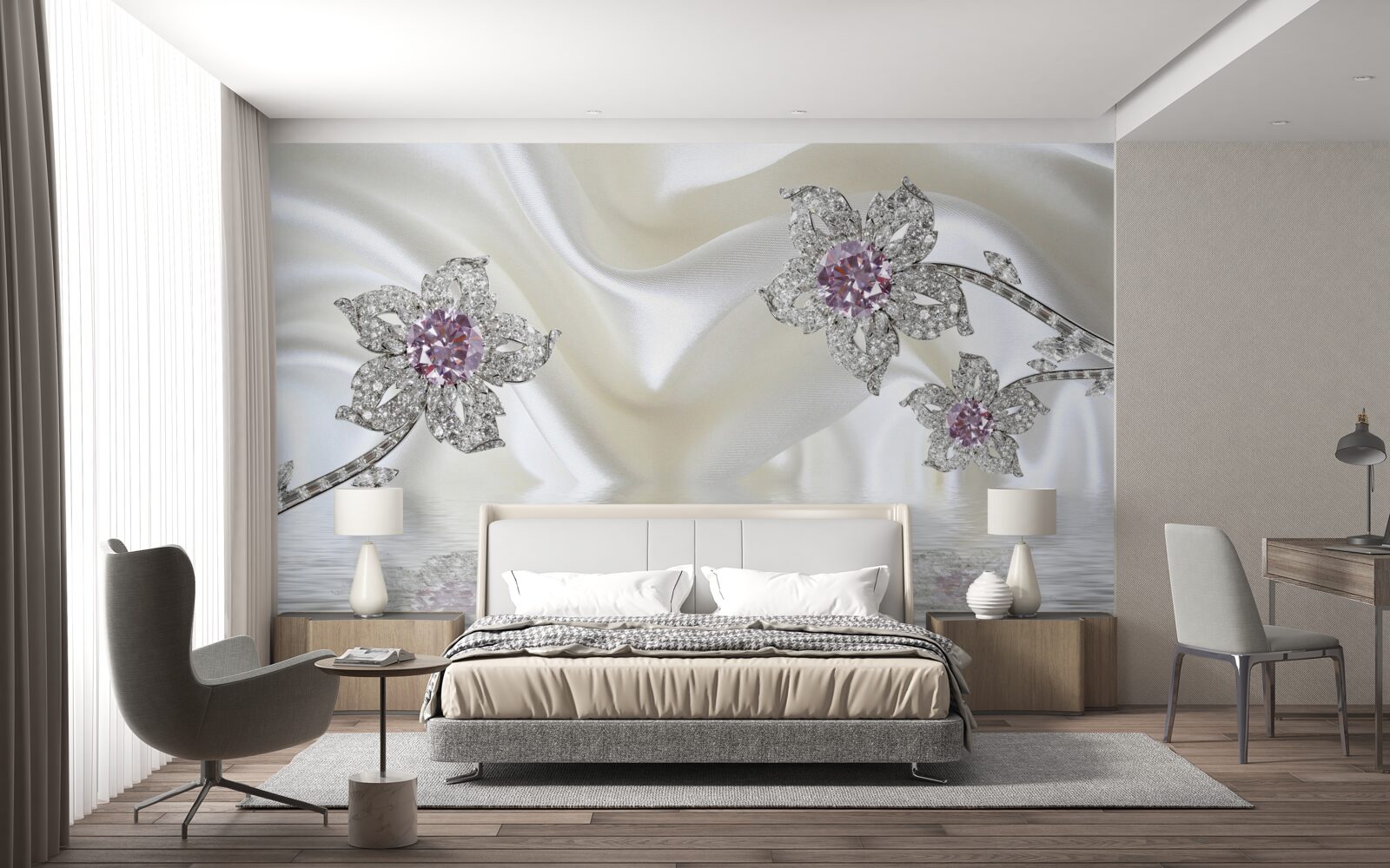 Fotobehang zilveren sieraden in de vorm van bloemen