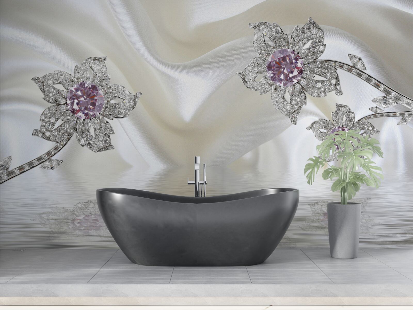 Fotobehang zilveren sieraden in de vorm van bloemen