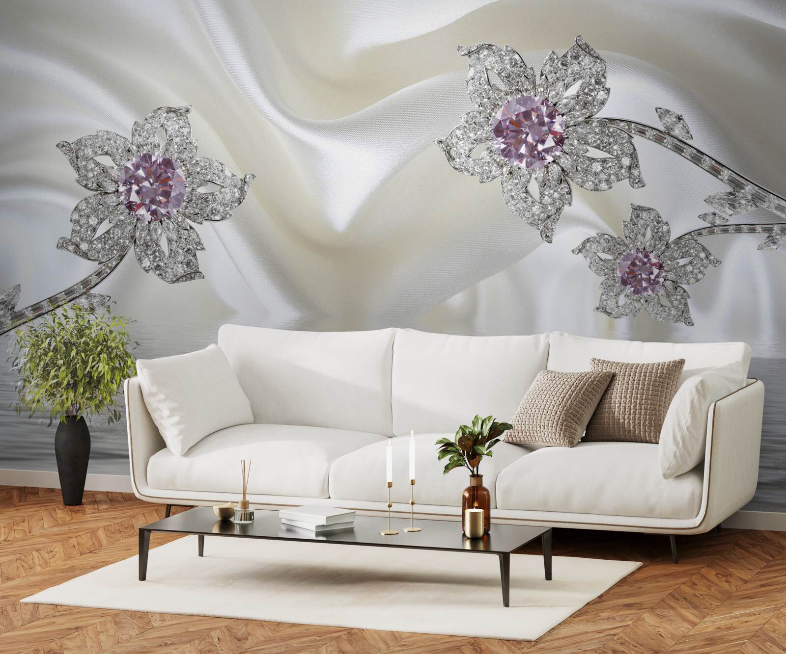 Fotobehang zilveren sieraden in de vorm van bloemen