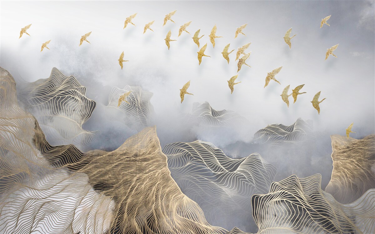 Fotobehang bergen en vogels in de mist van abstractie
