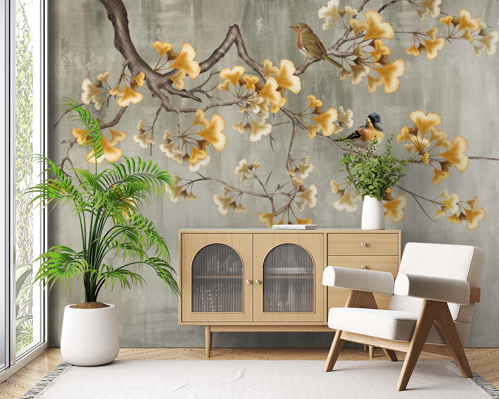 Fotobehang vogels en een tak met gele bloemen