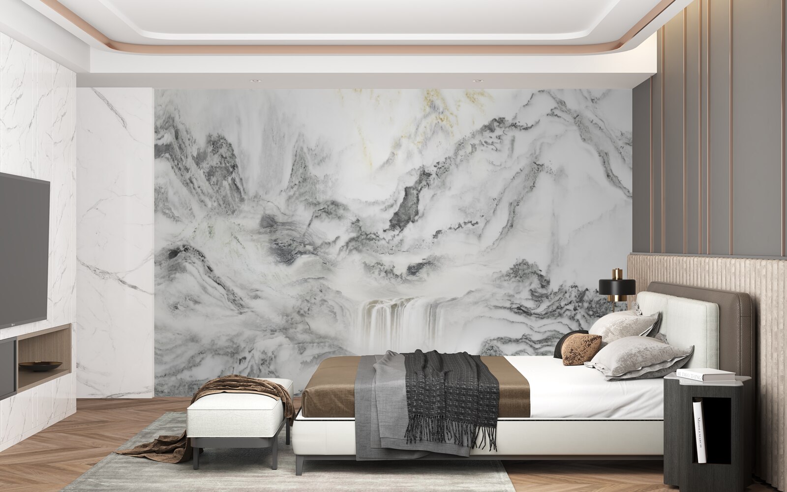 Fotobehang marmeren textuur met uitzicht op de bergen