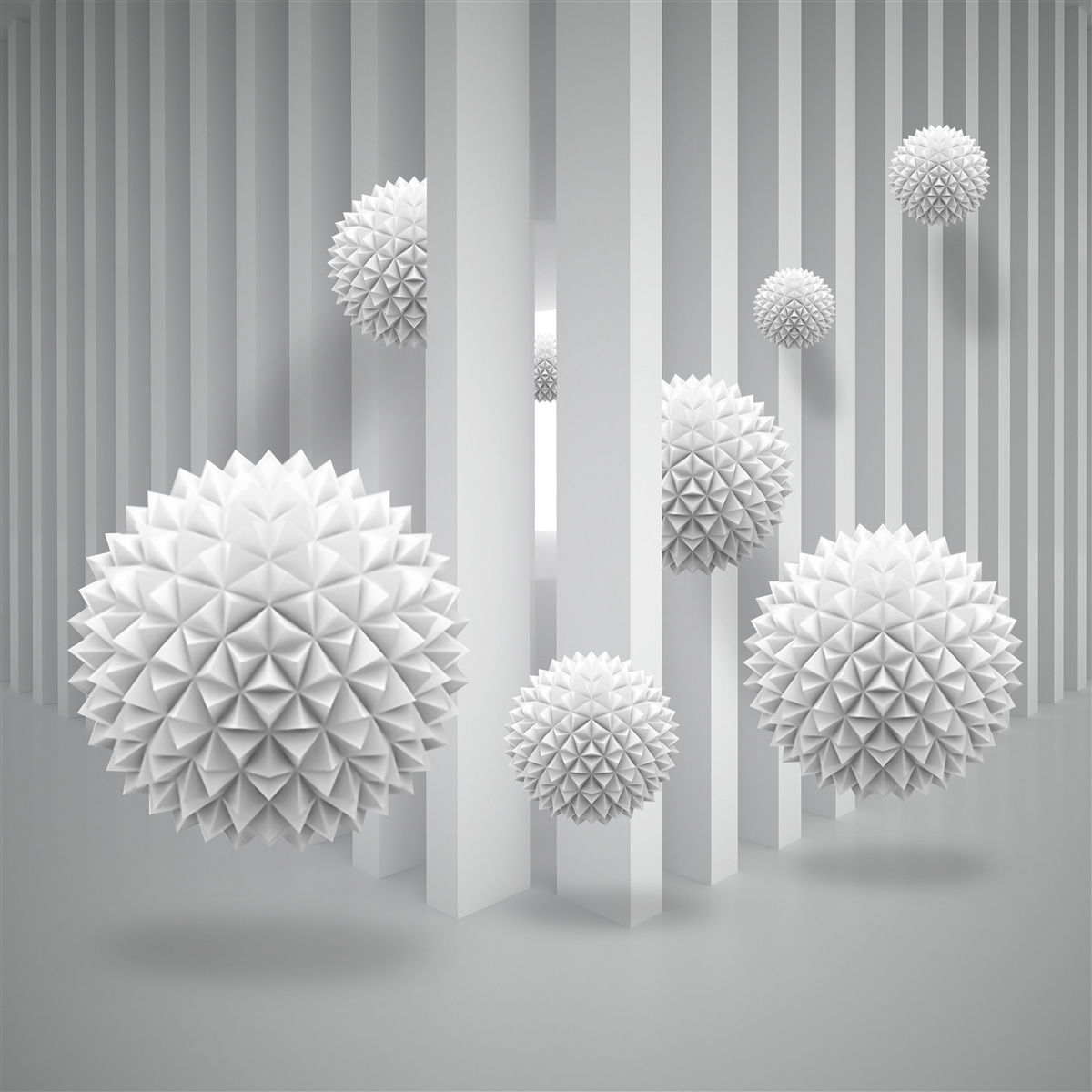 Fotobehang ballen die over geometrische vormen vliegen