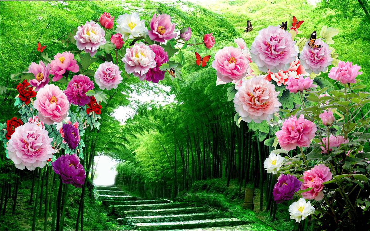 Fotobehang bloemen en vossen van groene bamboe