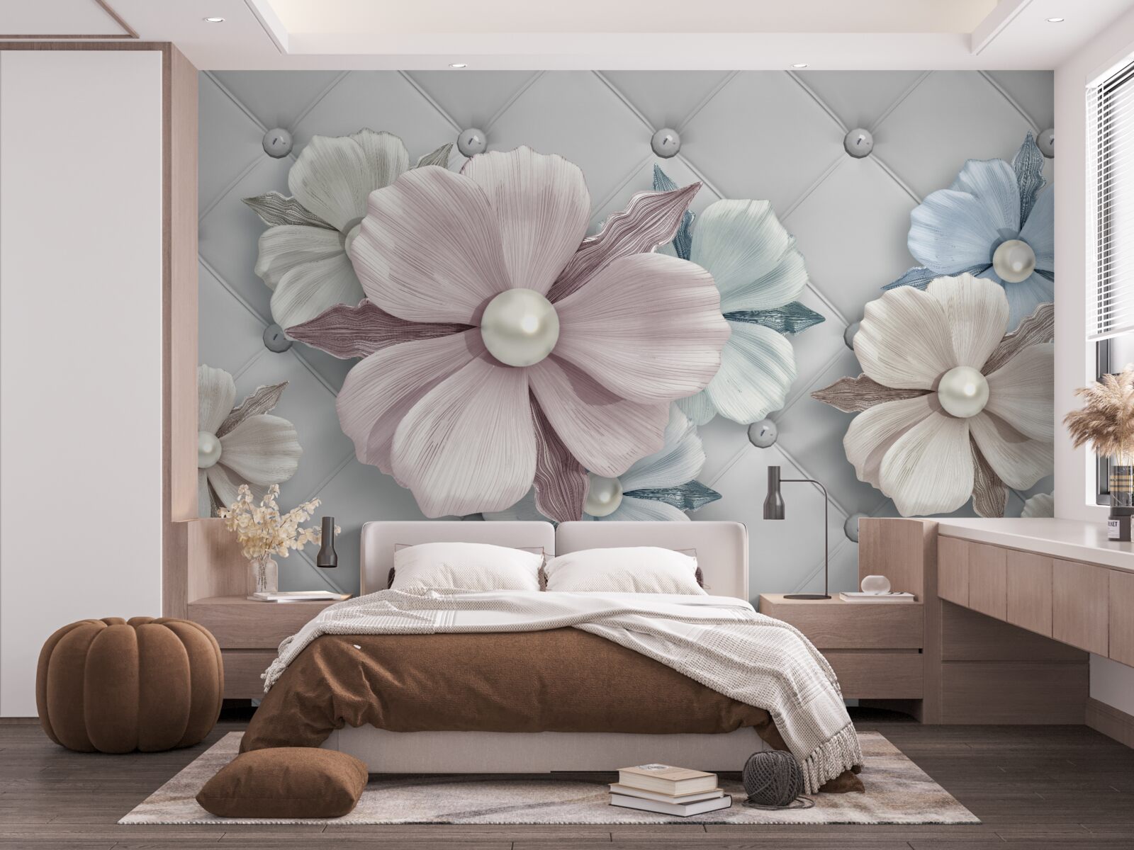 Fotobehang textuur van bloemen en parelmoer
