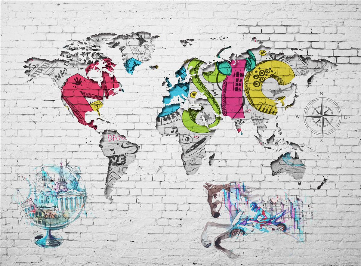 Fotobehang graffiti in de vorm van een wereldkaart