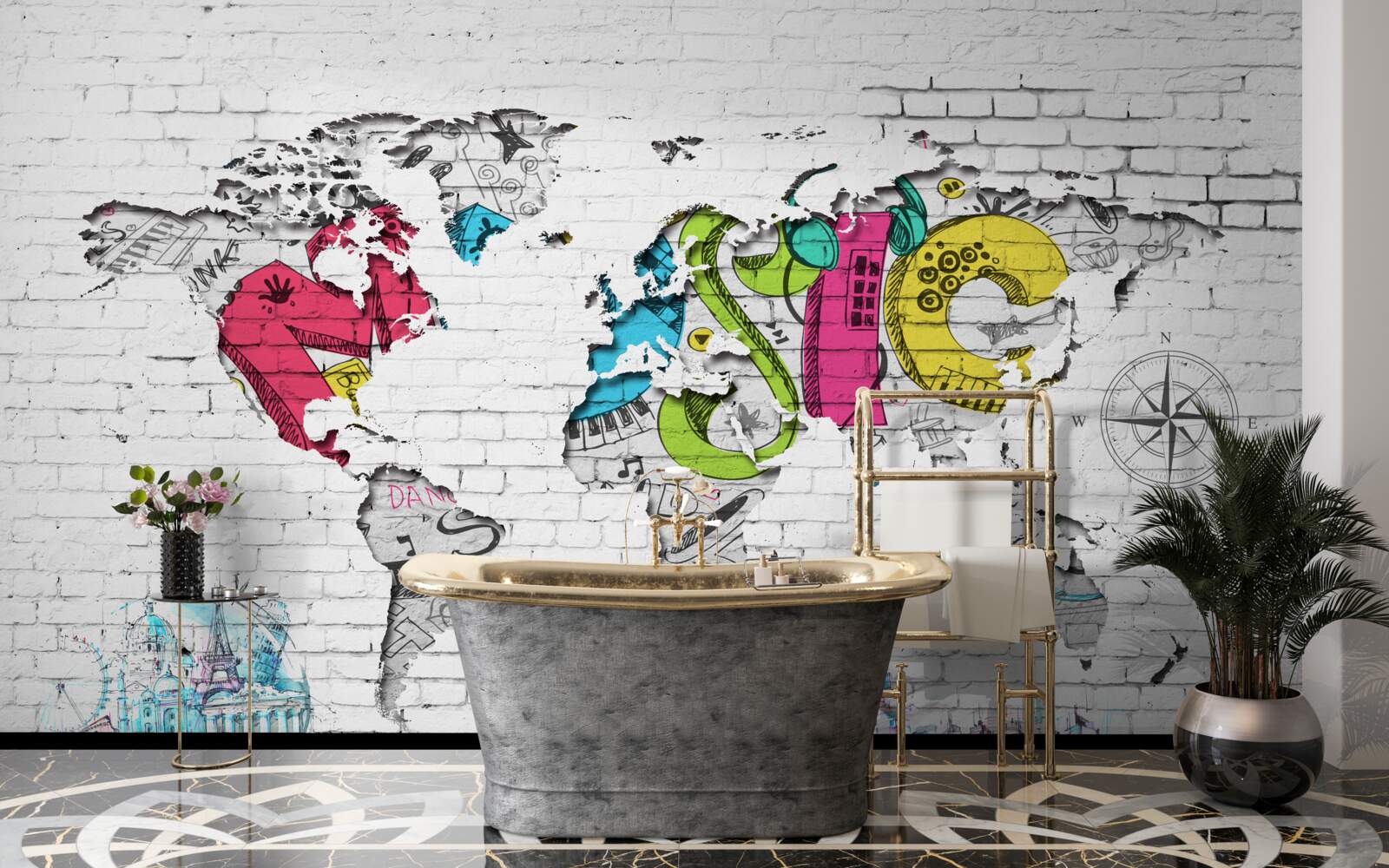 Fotobehang graffiti in de vorm van een wereldkaart
