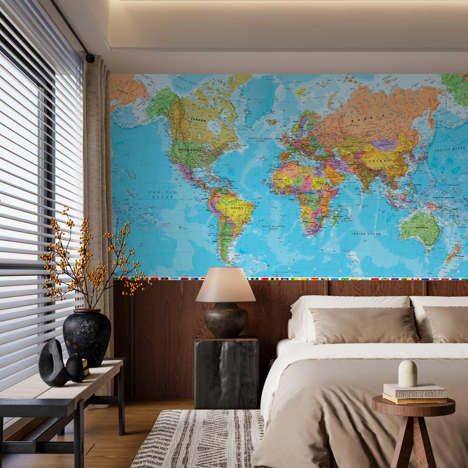 Fotobehang wereldkaart met de vlaggen van landen