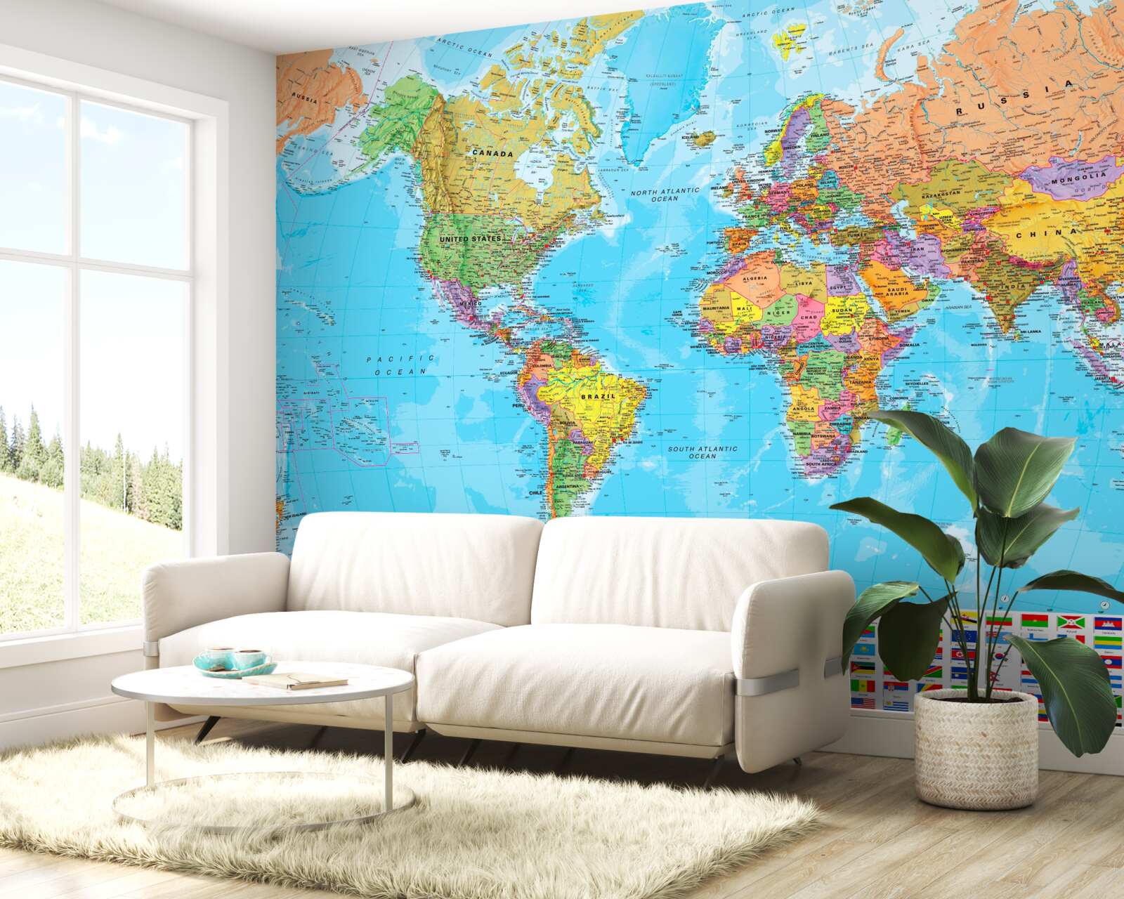 Fotobehang wereldkaart met de vlaggen van landen