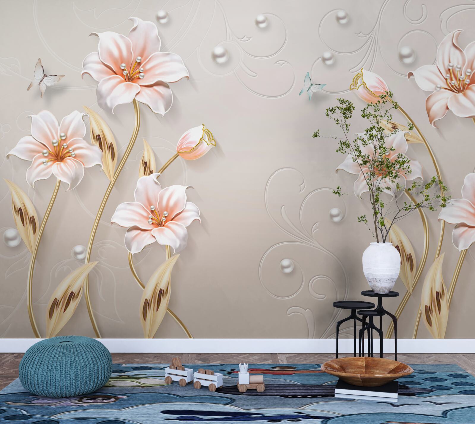 Fotobehang bloemen van metaal en parelmoer