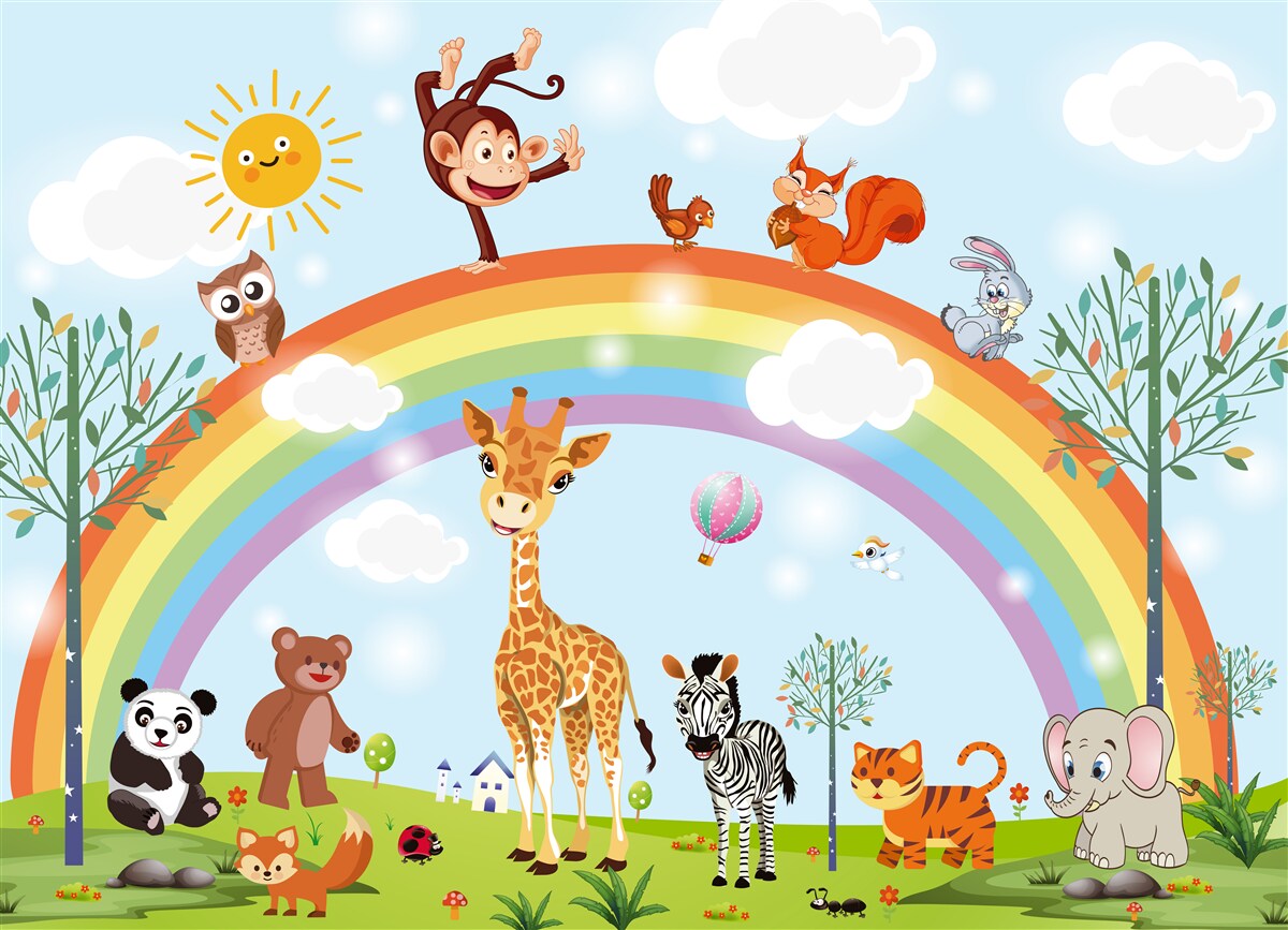 Fotobehang dieren hebben plezier bij het kijken naar de regenboog