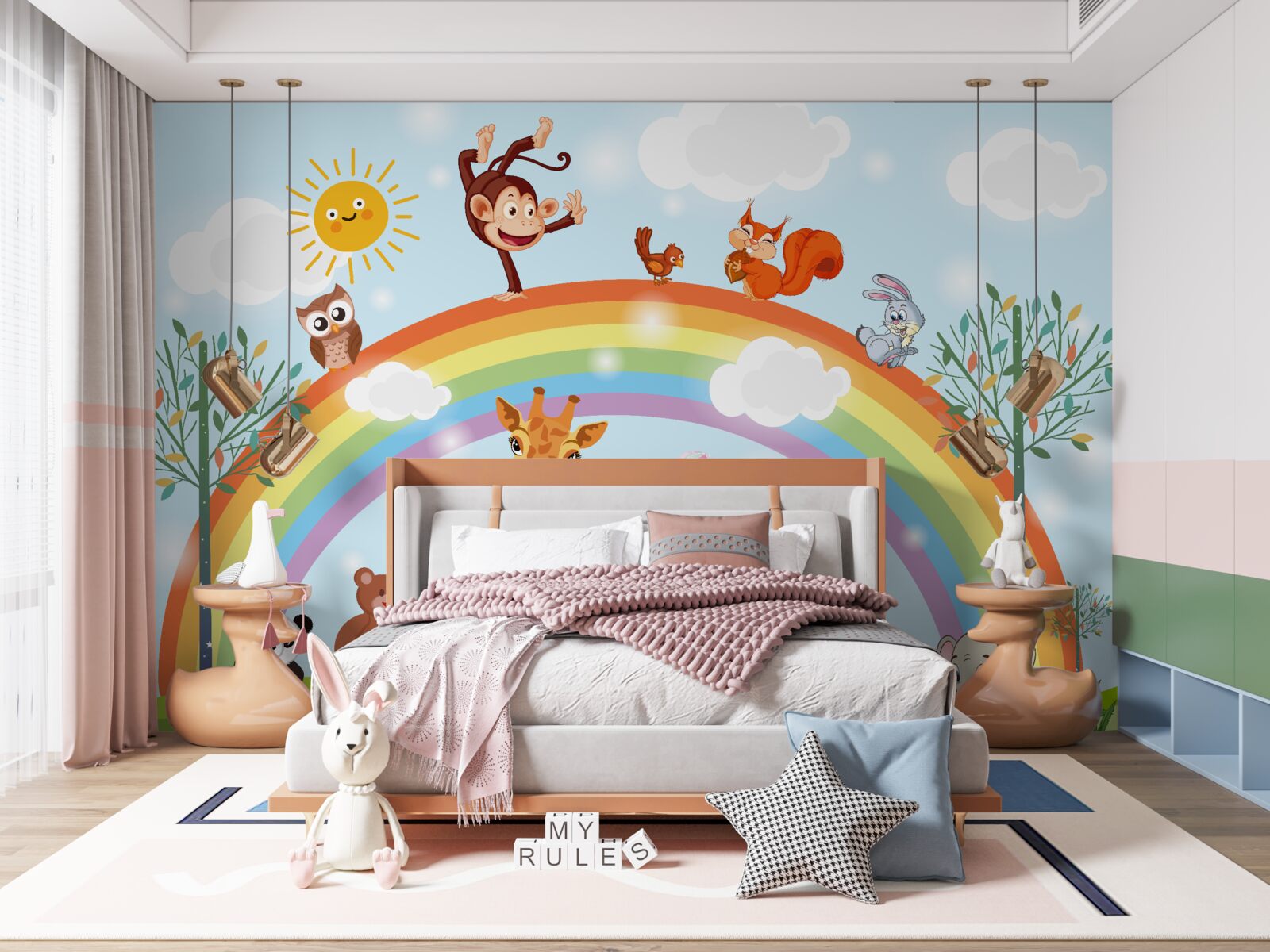 Fotobehang dieren hebben plezier bij het kijken naar de regenboog