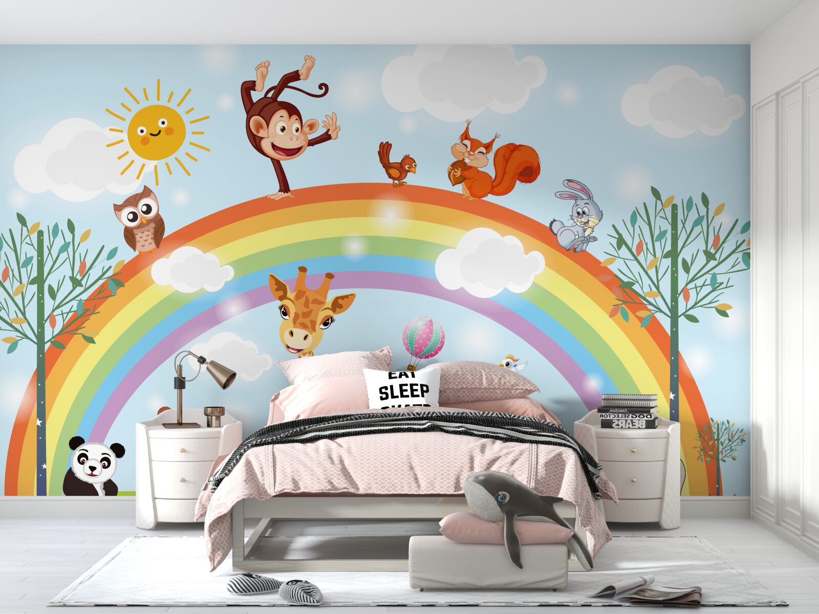Fotobehang dieren hebben plezier bij het kijken naar de regenboog