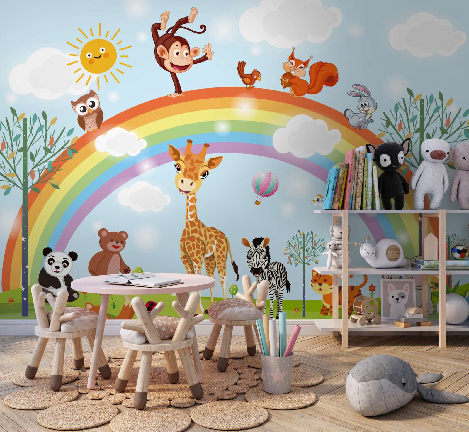 Fotobehang dieren hebben plezier bij het kijken naar de regenboog