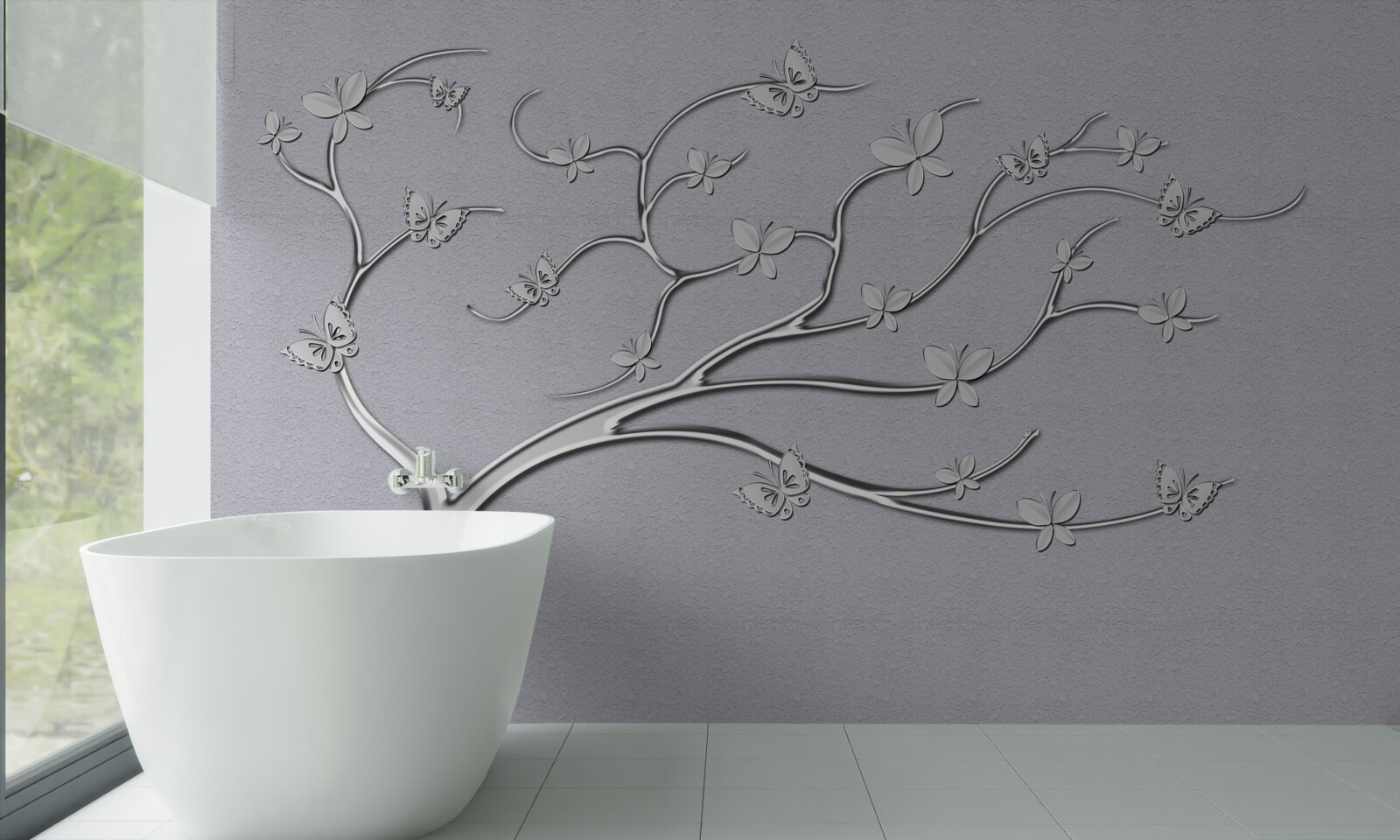 Fotobehang dunne boom met metalen bloemen