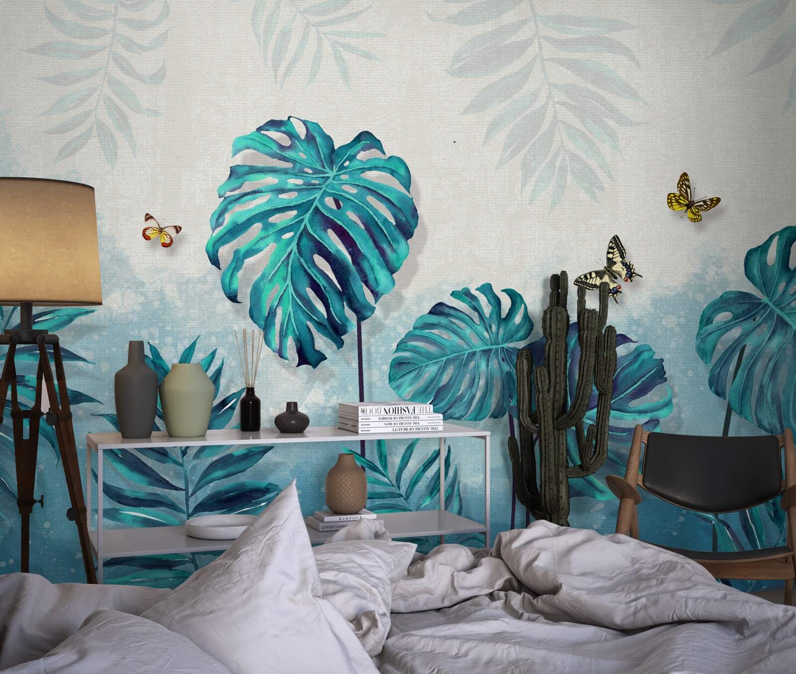 Fotobehang monstera bladeren zijn blauw, versierd met vlinders