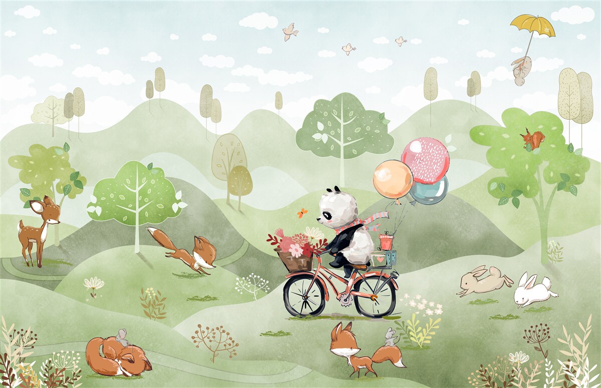 Fotobehang de fiets waarop de panda rijdt