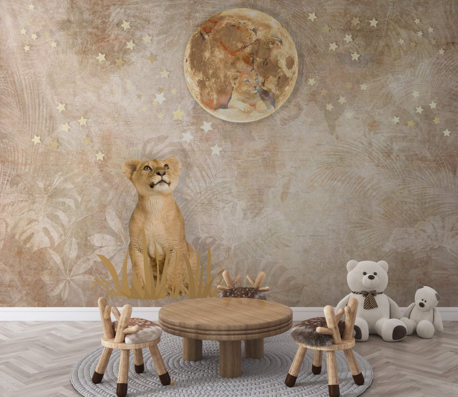 Fotobehang kleine leeuw kijkt naar de maan