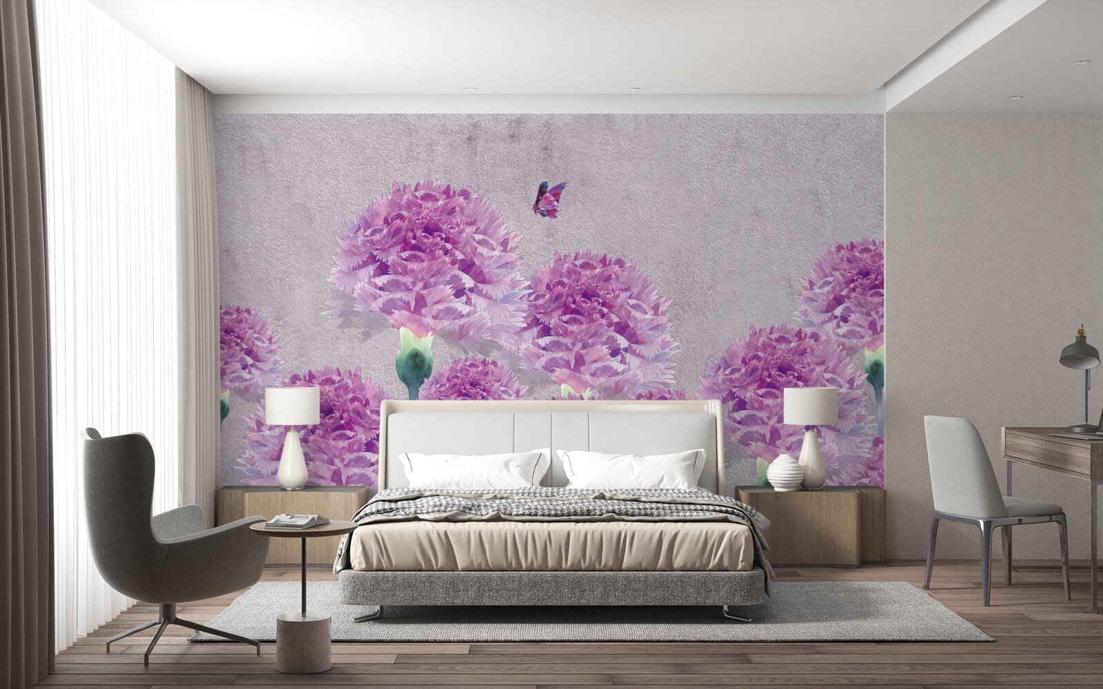 Fotobehang grote lila anjers en vlinder