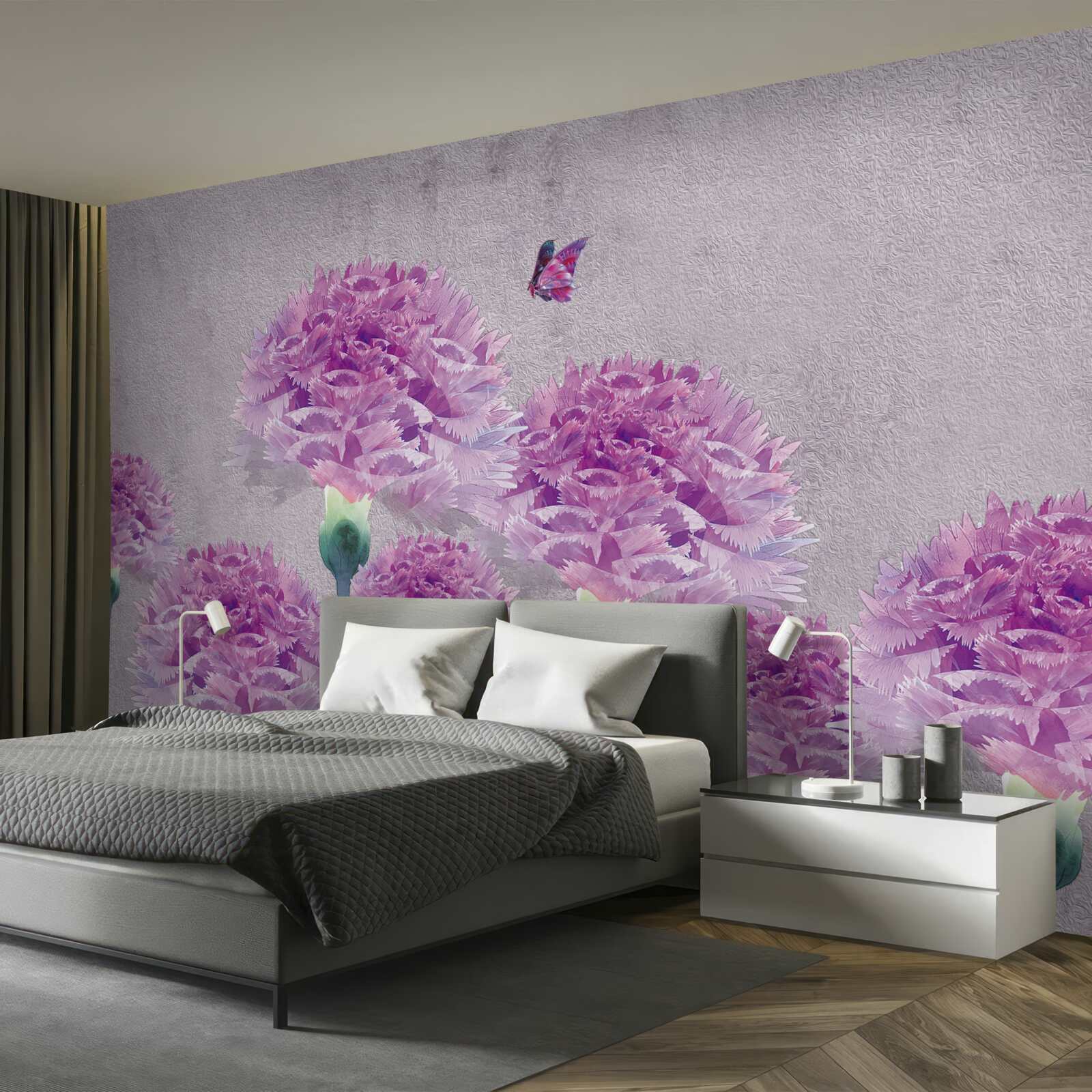 Fotobehang grote lila anjers en vlinder
