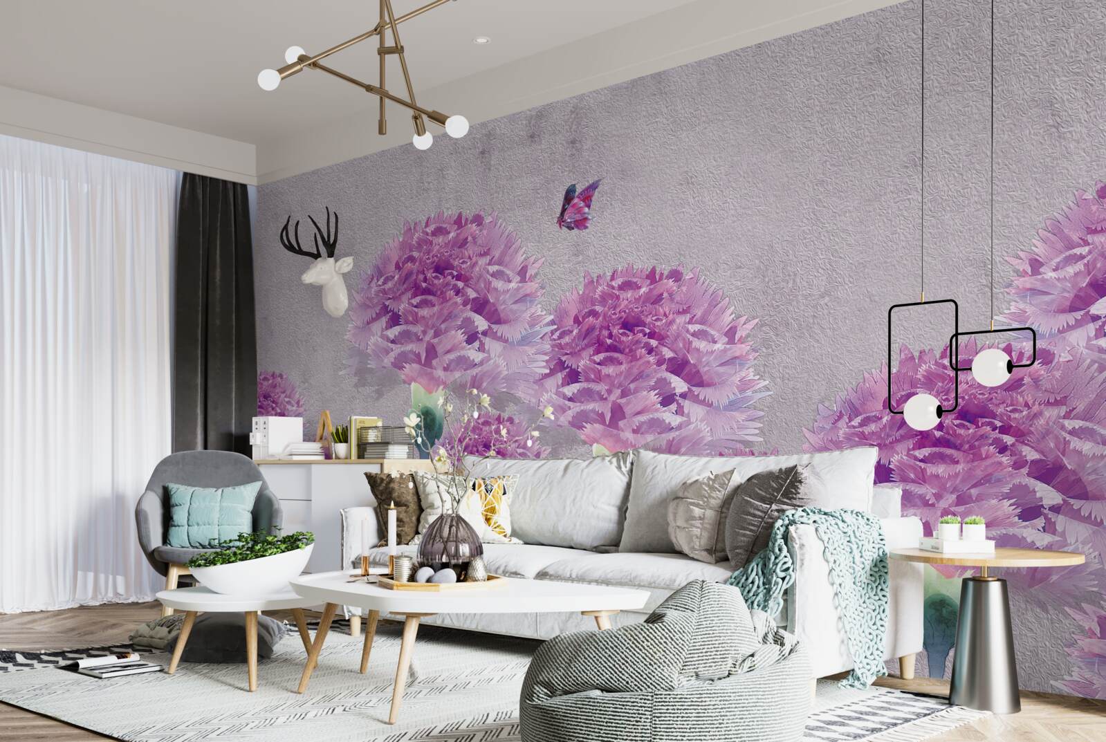Fotobehang grote lila anjers en vlinder