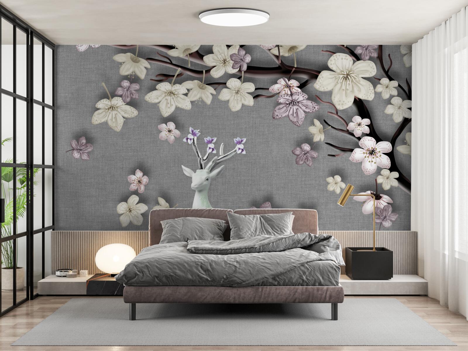 Fotobehang bloeiende magnolia takken en een wit hert