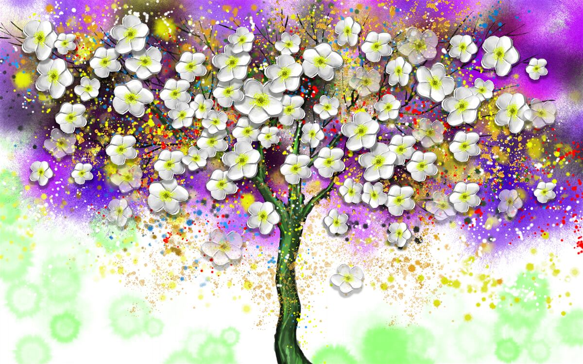 Fotobehang boom bloeiend met sneeuwwitte bloemen