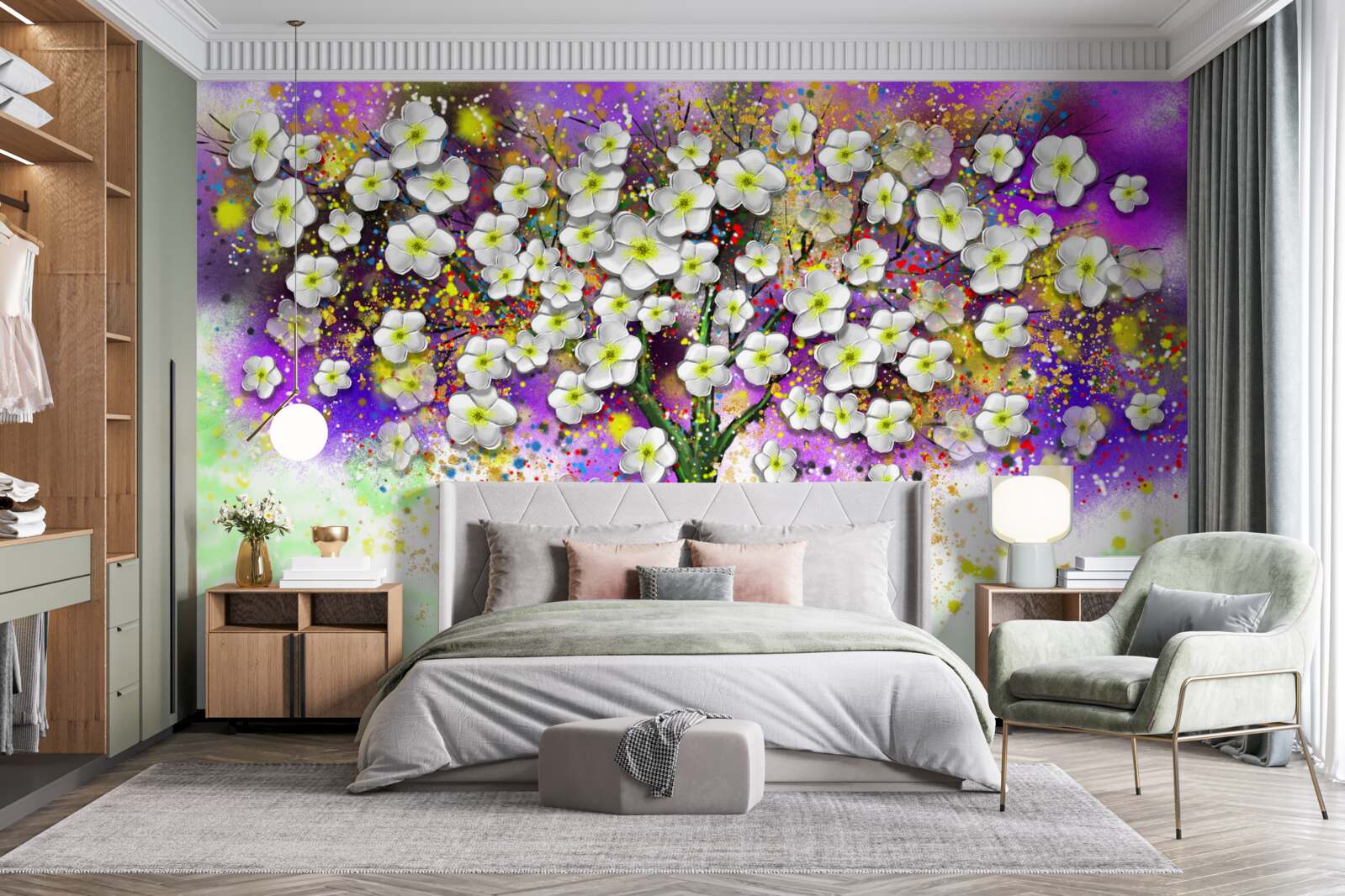 Fotobehang boom bloeiend met sneeuwwitte bloemen