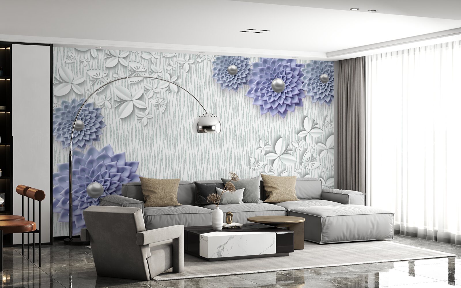 Fotobehang blauwe stof met bloemen en vlinders