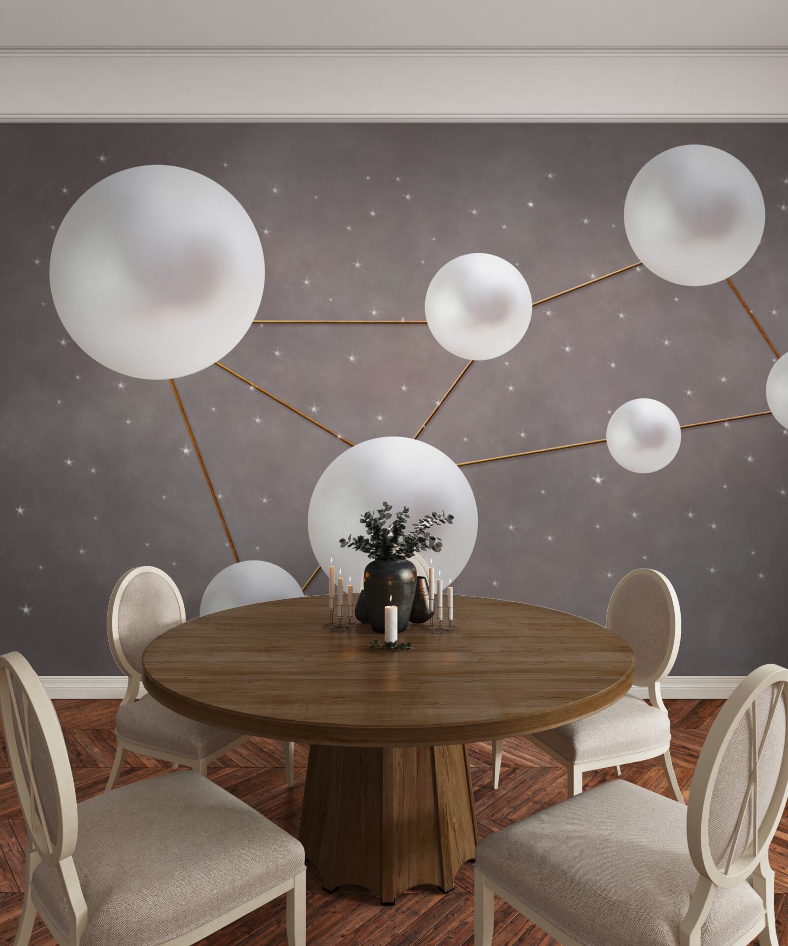 Fotobehang witte ballen versierd met gouden lijnen liggen verspreid op een grijze achtergrond