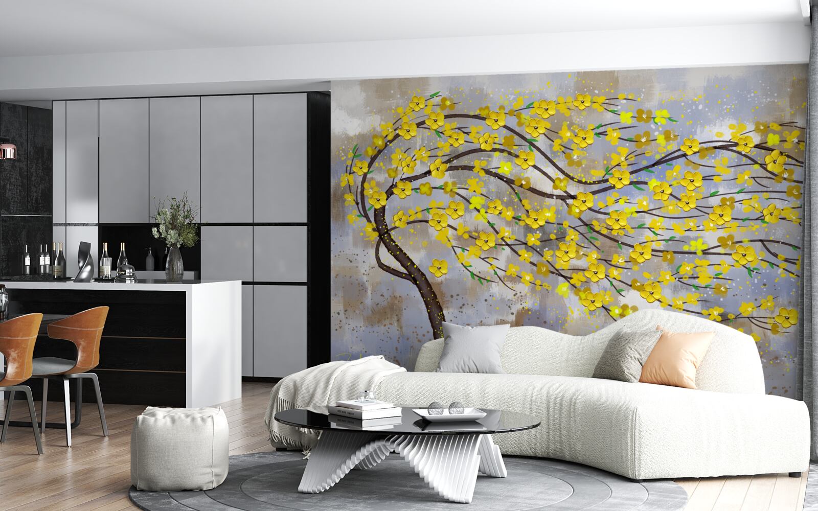 Fotobehang een herfstboom wiegt in de windvlagen