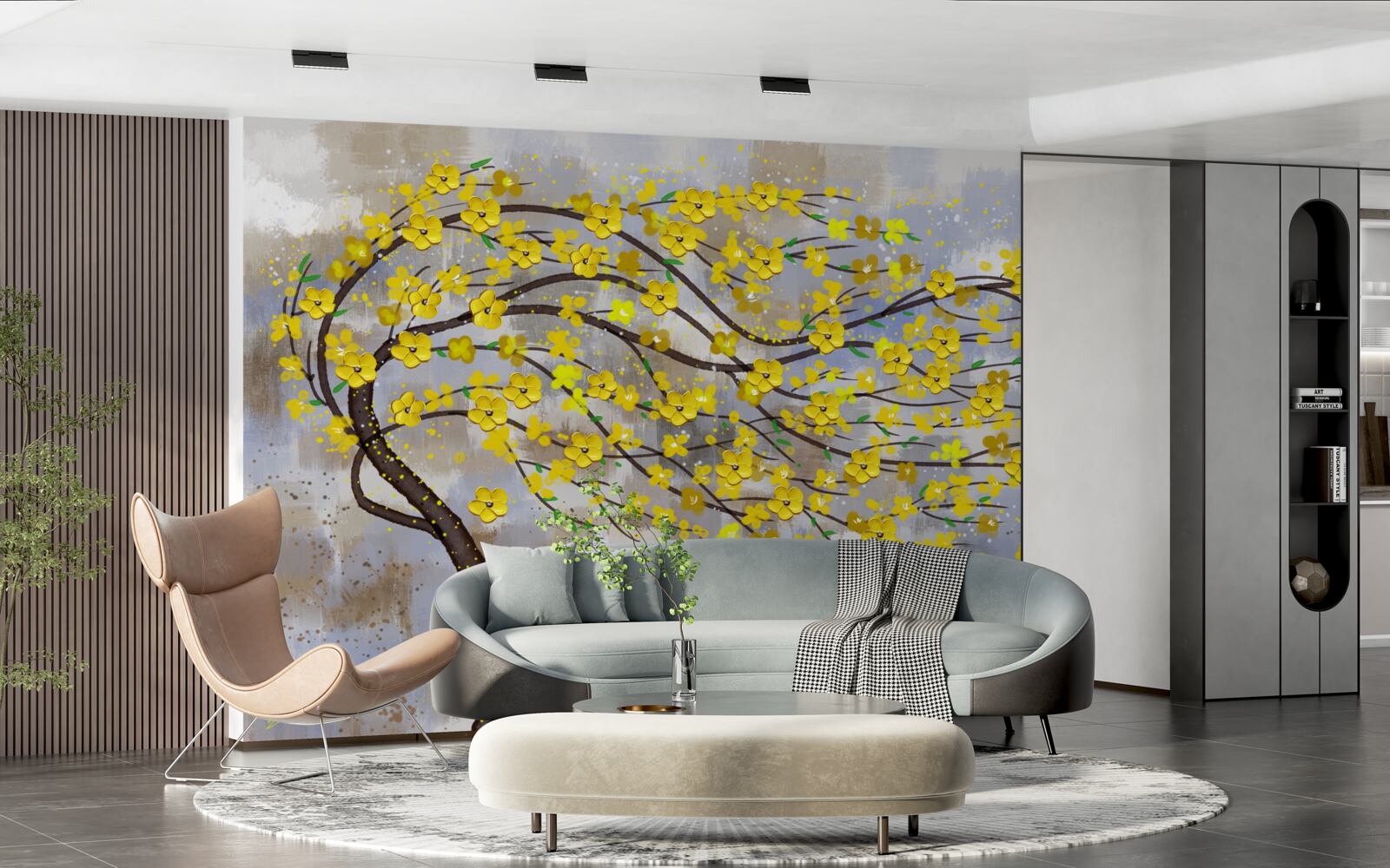 Fotobehang een herfstboom wiegt in de windvlagen