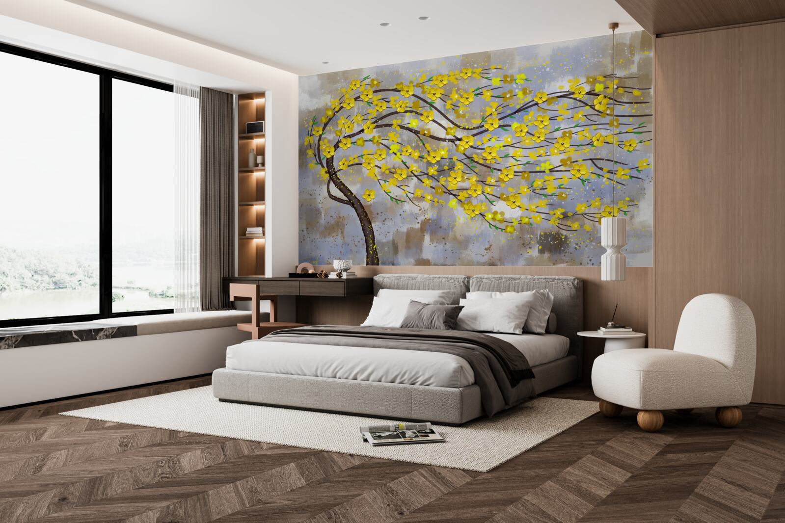 Fotobehang een herfstboom wiegt in de windvlagen