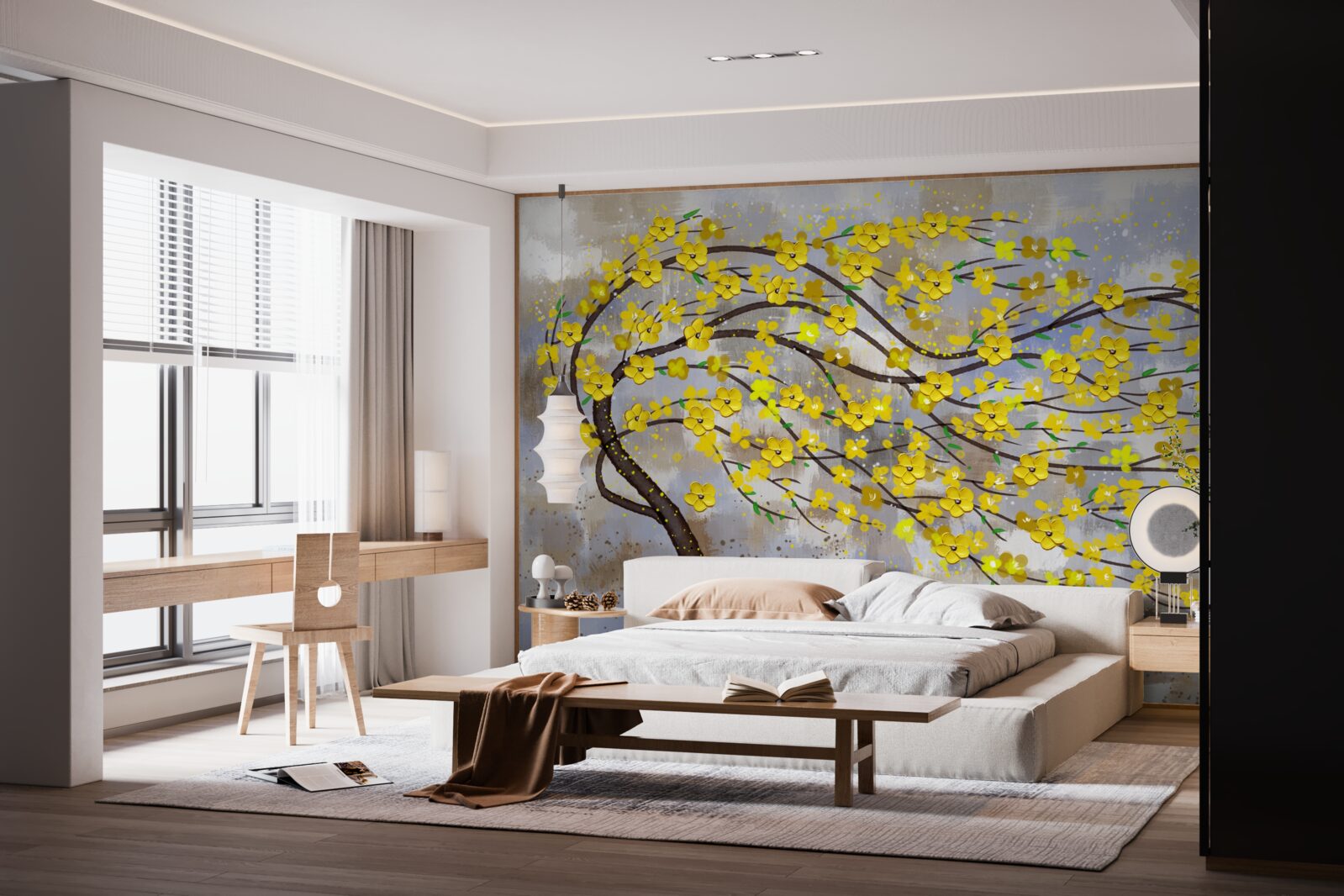 Fotobehang een herfstboom wiegt in de windvlagen